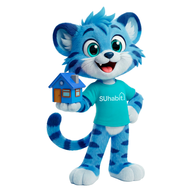 Tiko, la mascota de TikoArrienda, sosteniendo una casa